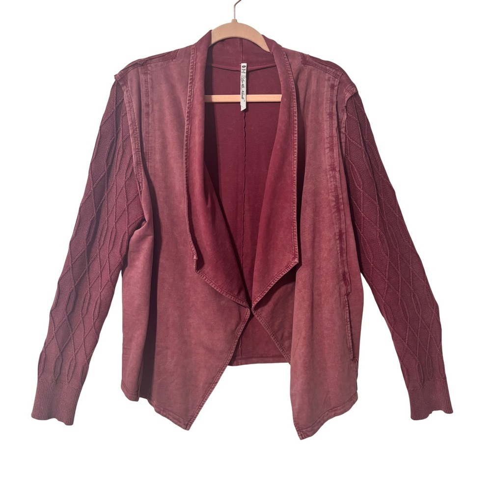 Leo & Nicole Womens XL Burgundy Mineral Wash Cotton Cable Knit Sleeve Cardigan